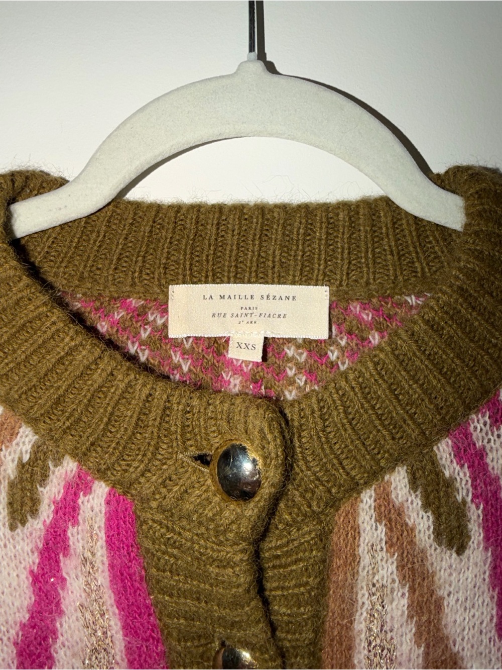 Sézane Hamel Khaki Knit Cardigan alpaca jacquard knit cardigan 0 green pink - Picture 5 of 10